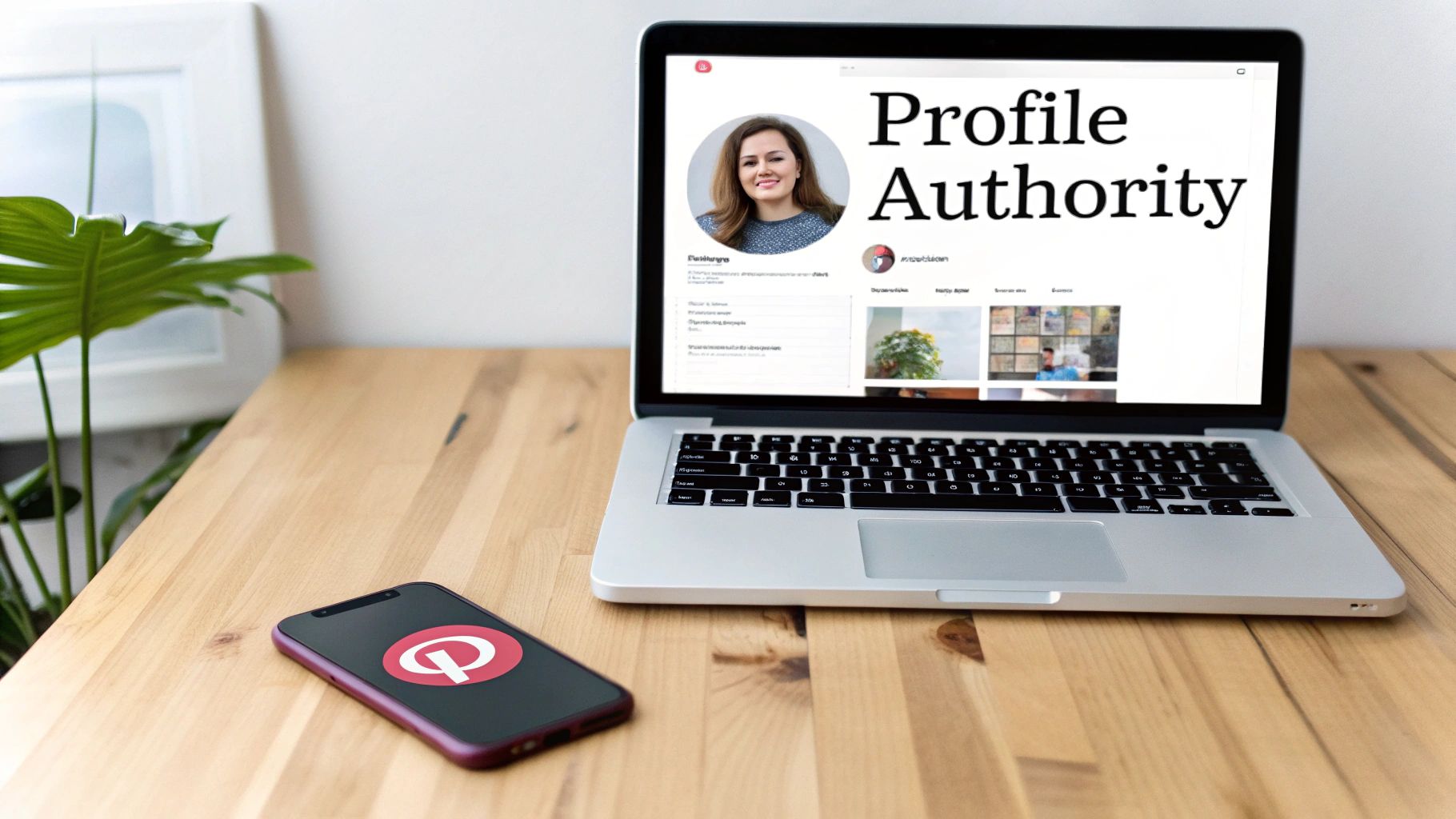 Laptop displaying a Pinterest profile with the text "Profile Authority."