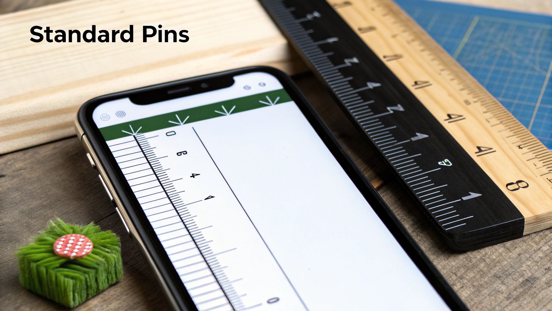 Smartphone and rulers illustrating Pinterest standard pin dimensions.