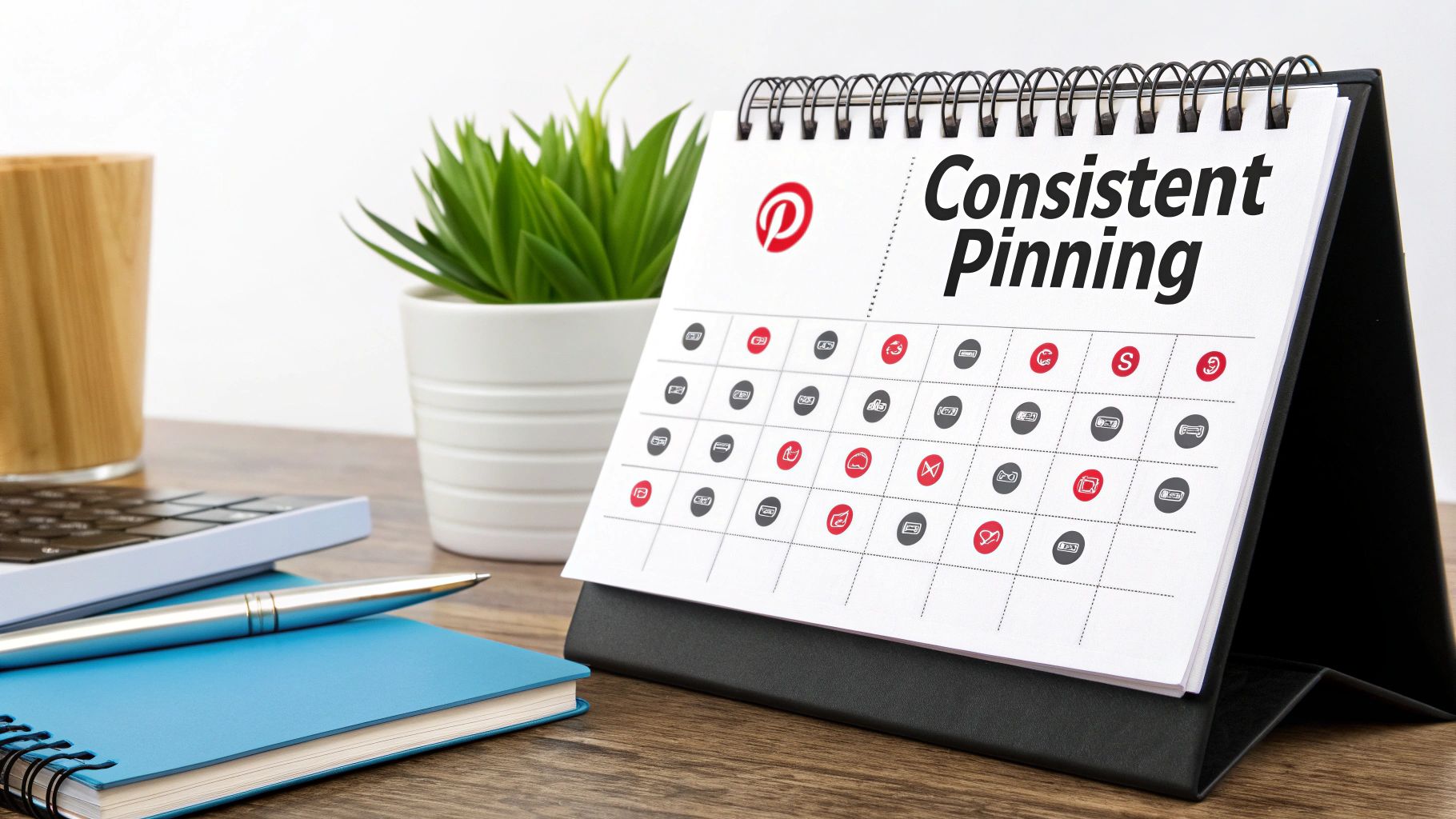 Desk calendar labeled 'Consistent Pinning' with Pinterest icons on each day, symbolizing a strategic content schedule for Pinterest growth.