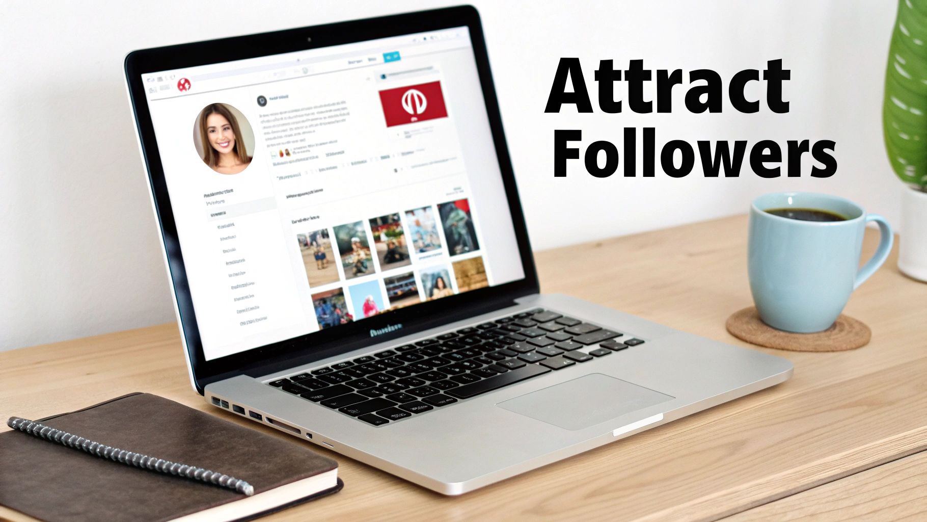 Pinterest profile on laptop screen with tips to attract followers and grow audience."

