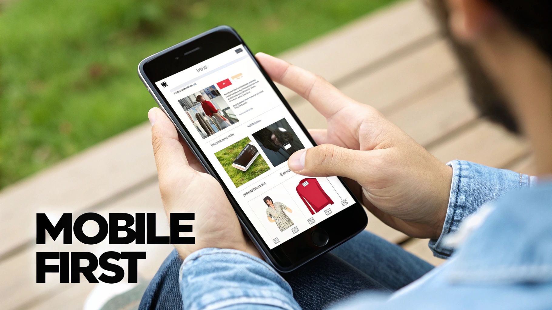 Person browsing an e-commerce app on a smartphone, emphasizing mobile-first design.