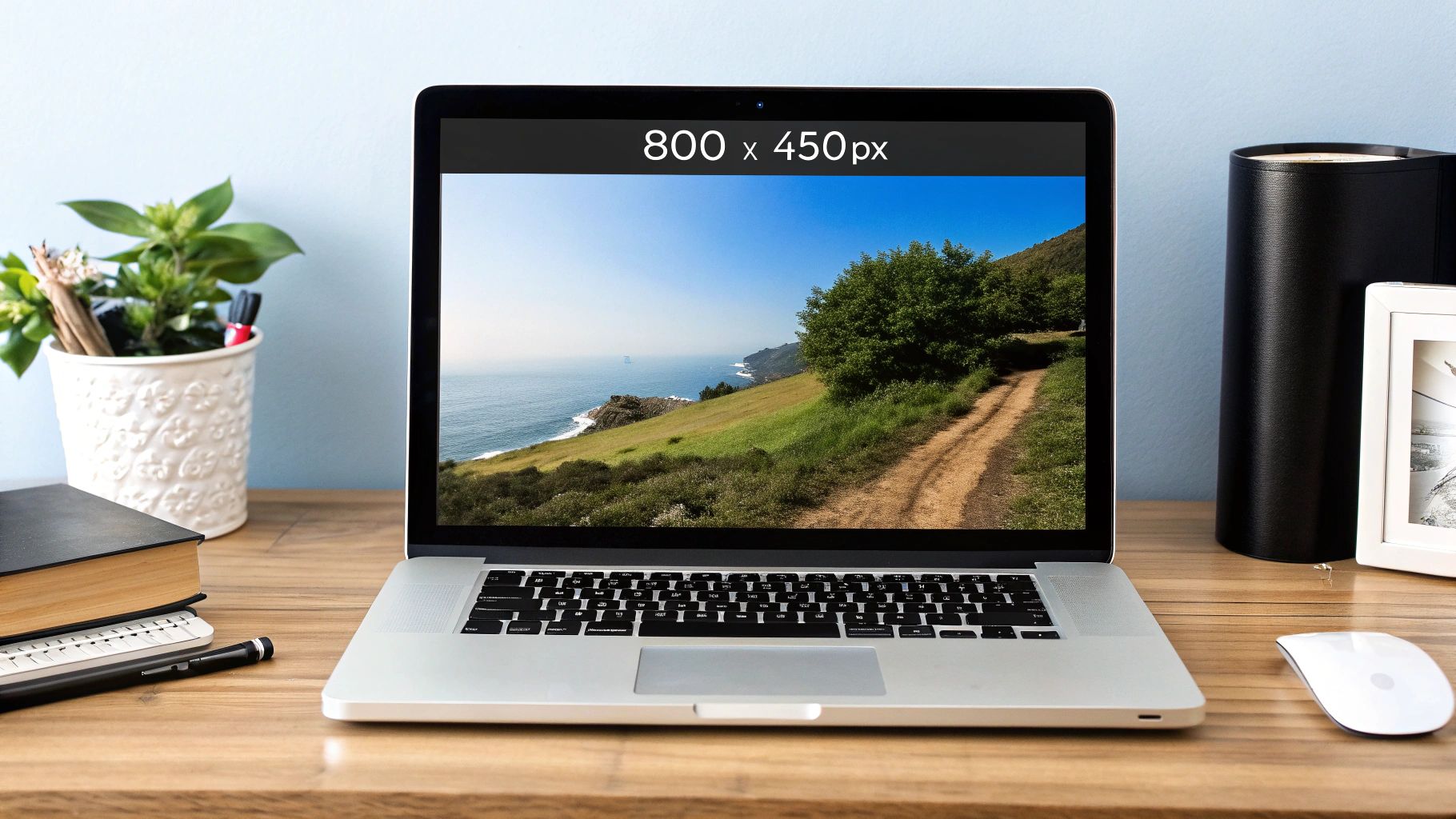Laptop mockup showing 800x450 image on modern desk setup