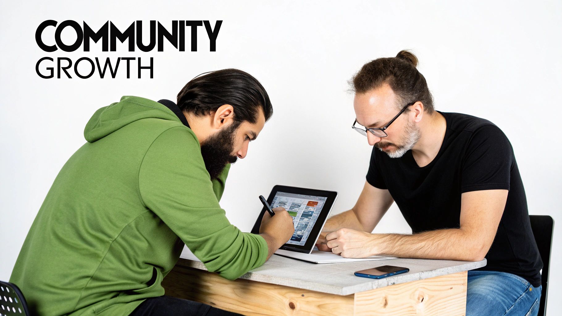 Two men seated at a table engaged in a collaborative session, one using a stylus on a tablet displaying Pinterest content. The words “Community Growth” appear in bold text on the top left corner, emphasizing teamwork and strategy.