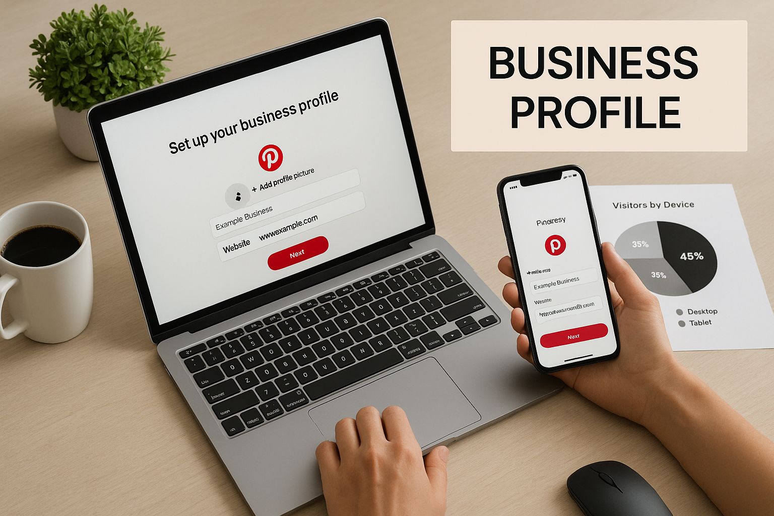 User setting up a Pinterest business profile on a laptop and smartphone, emphasizing multi-device brand presence and digital marketing setup.