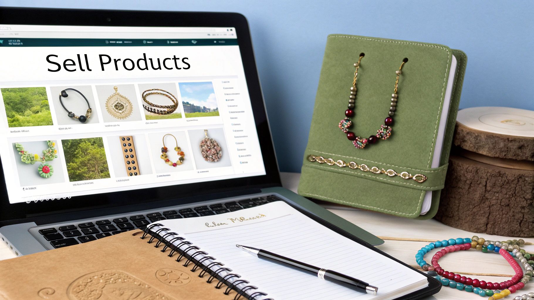 Handmade jewelry displayed on a laptop screen with 'Sell Products' text, alongside notebooks, earrings, and beaded bracelets—ideal for online craft sellers.