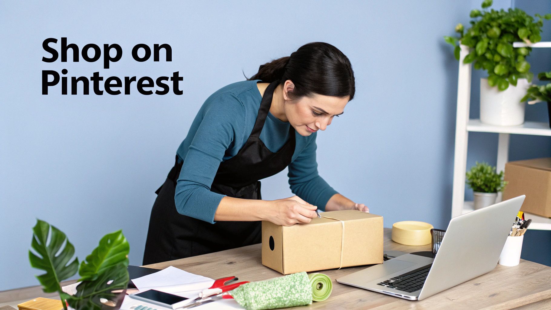 Small business owner packing products with laptop open, promoting 'Shop on Pinterest