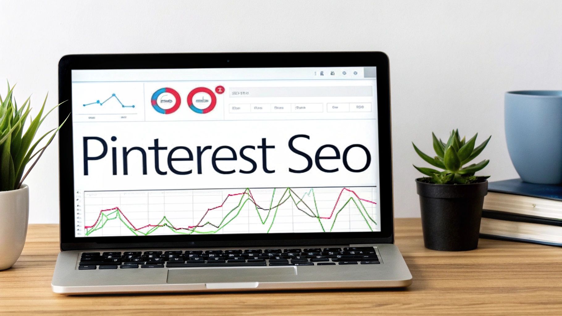 Laptop screen displaying Pinterest SEO analytics with traffic performance graphs on a wooden desk.