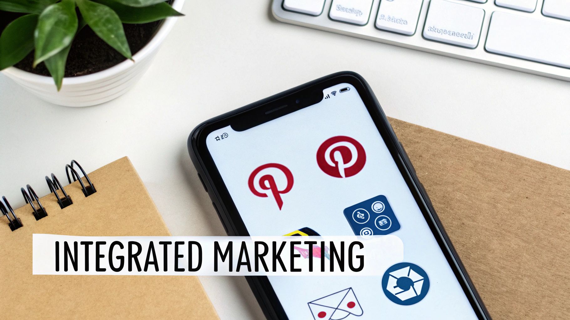 Smartphone displaying Pinterest icons with "Integrated Marketing" text on desk.