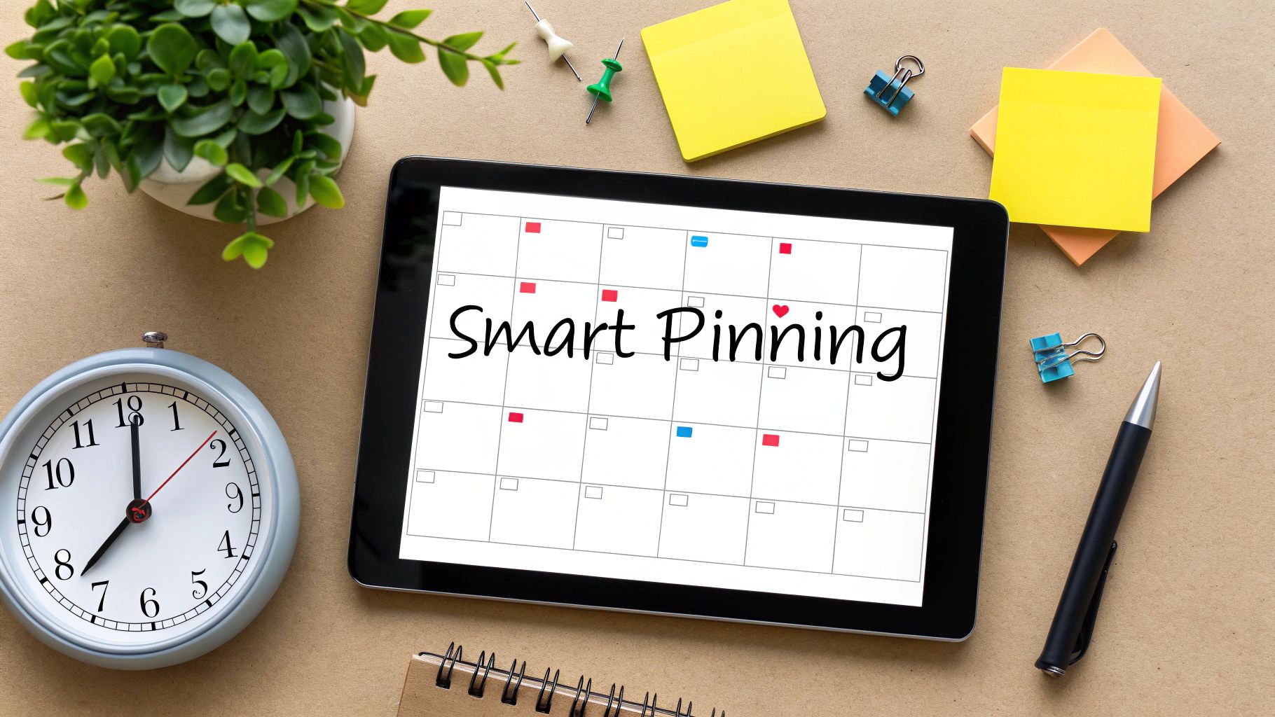 Tablet showing a calendar labeled “Smart Pinning” on a desk with a clock, plant, and office supplies.