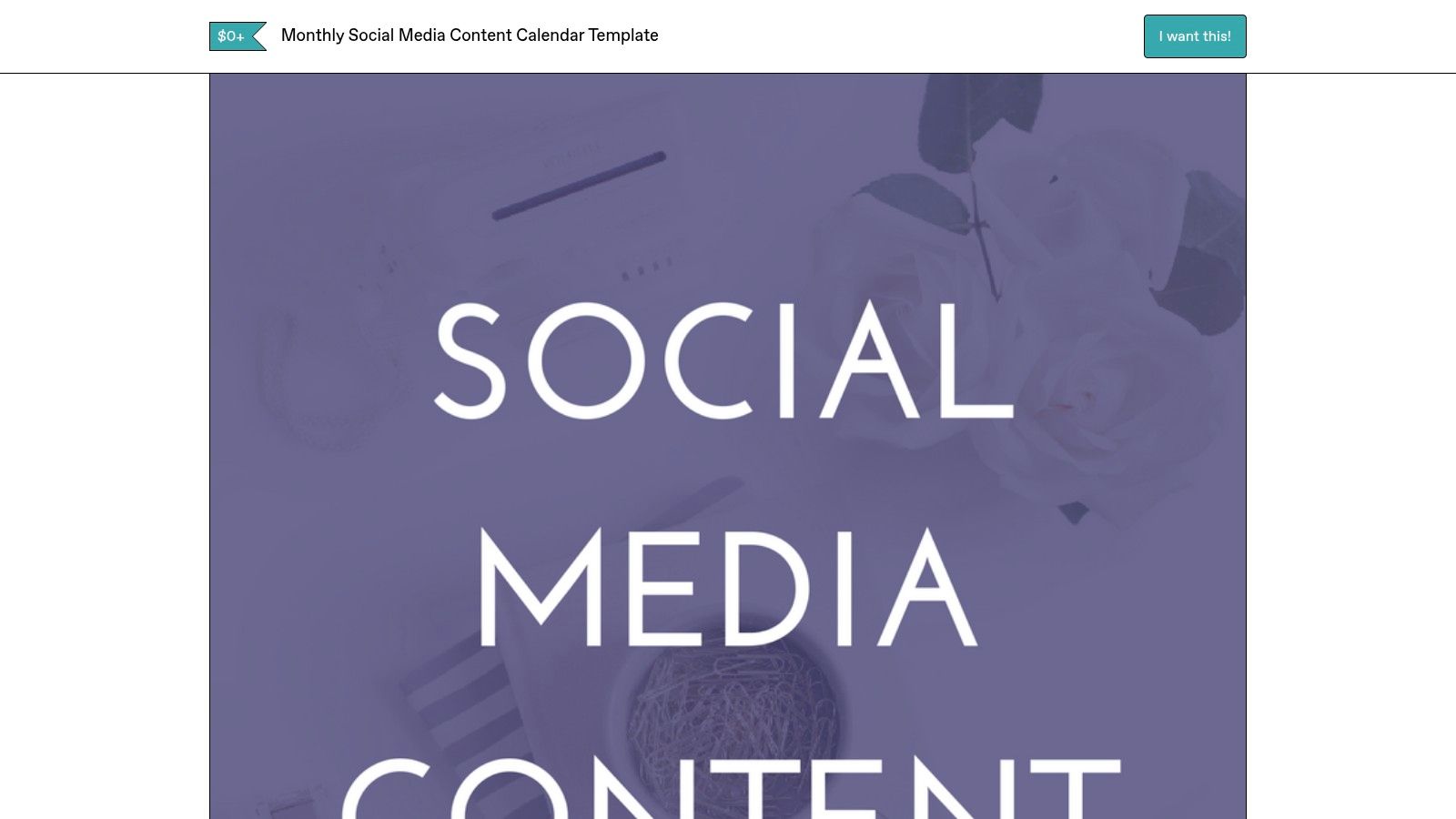 Gumroad listing for a monthly social media content calendar template designed for independent creators and digital marketers.