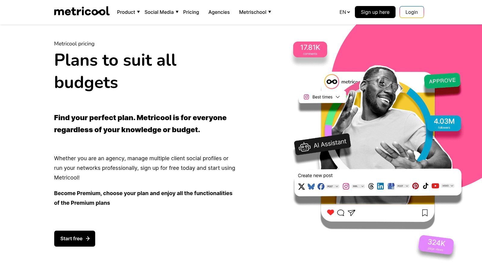 Metricool pricing overview with AI Assistant, post scheduling tools, and multi-platform social media management for agencies and marketers.