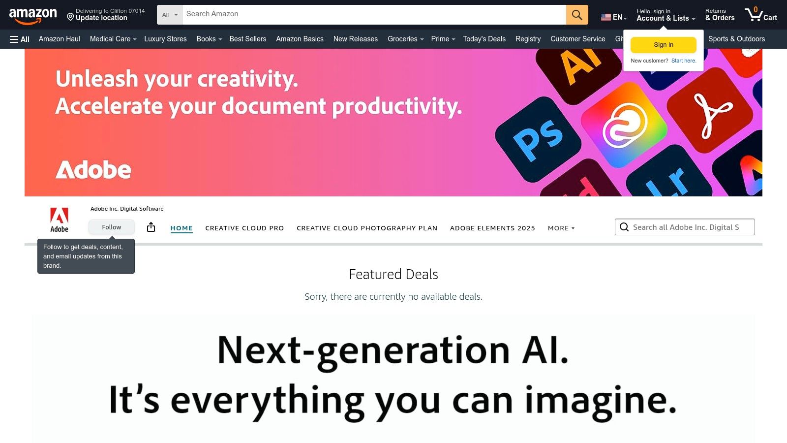 Adobe Digital Software storefront on Amazon featuring Creative Cloud apps and next-generation AI tools for creativity and productivity.