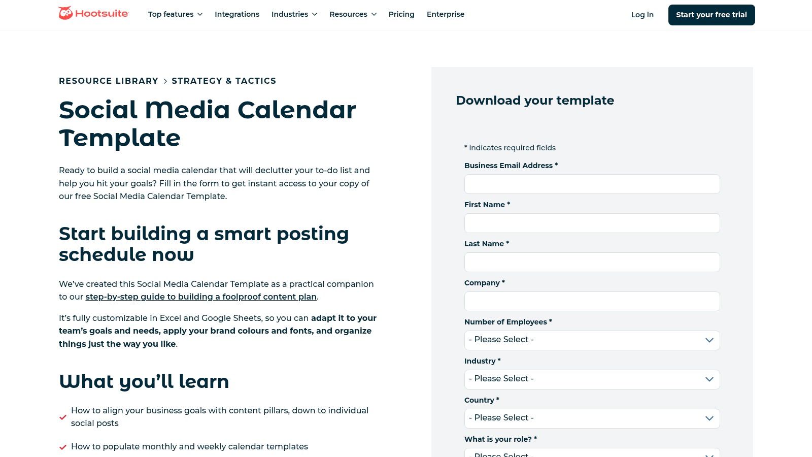 Hootsuite landing page offering a free customizable social media calendar template in Excel and Google Sheets for content planning.