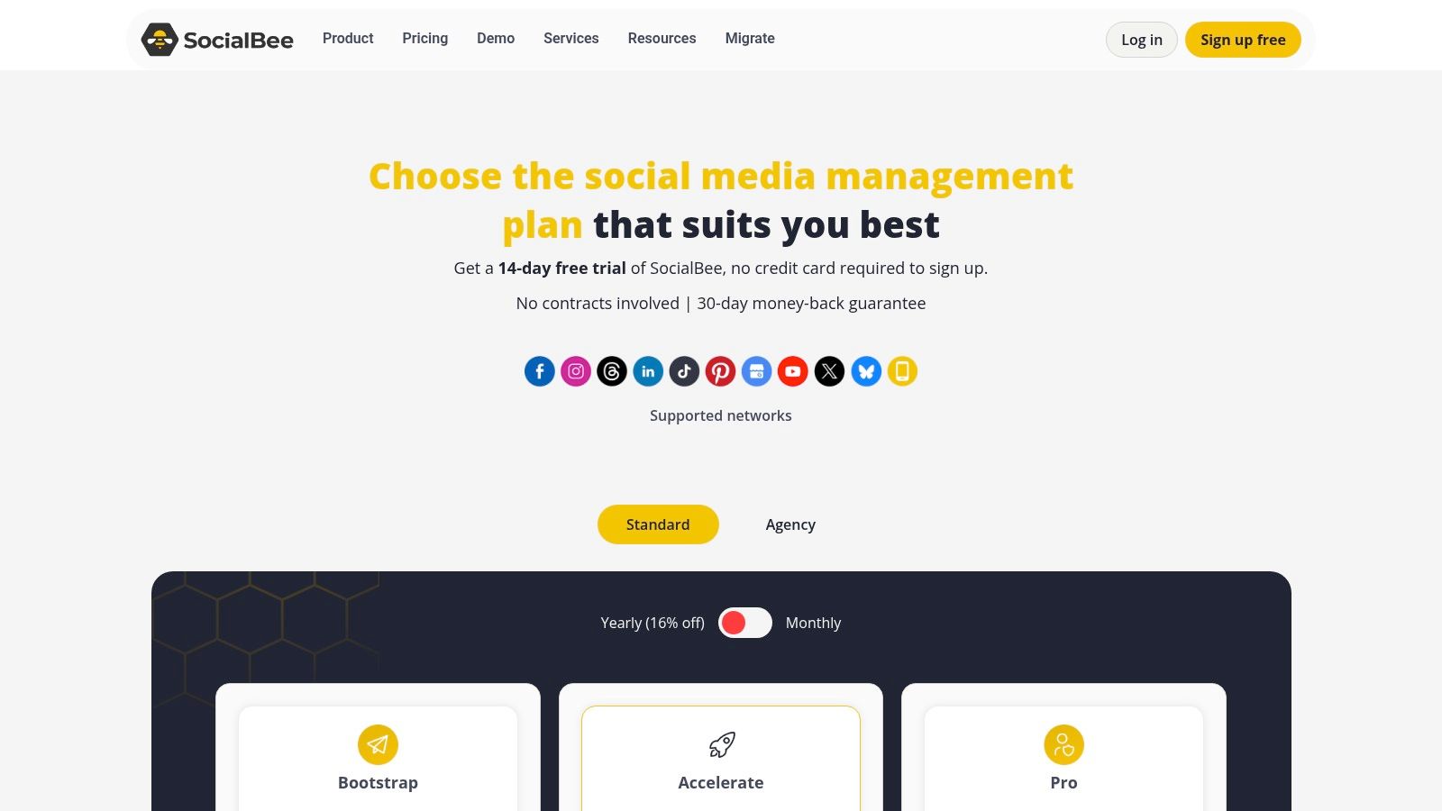 SocialBee pricing plans—Bootstrap, Accelerate, and Pro with 14-day free trial, supported networks include Facebook, Instagram, LinkedIn, Pinterest, YouTube, TikTok, X, and more.
