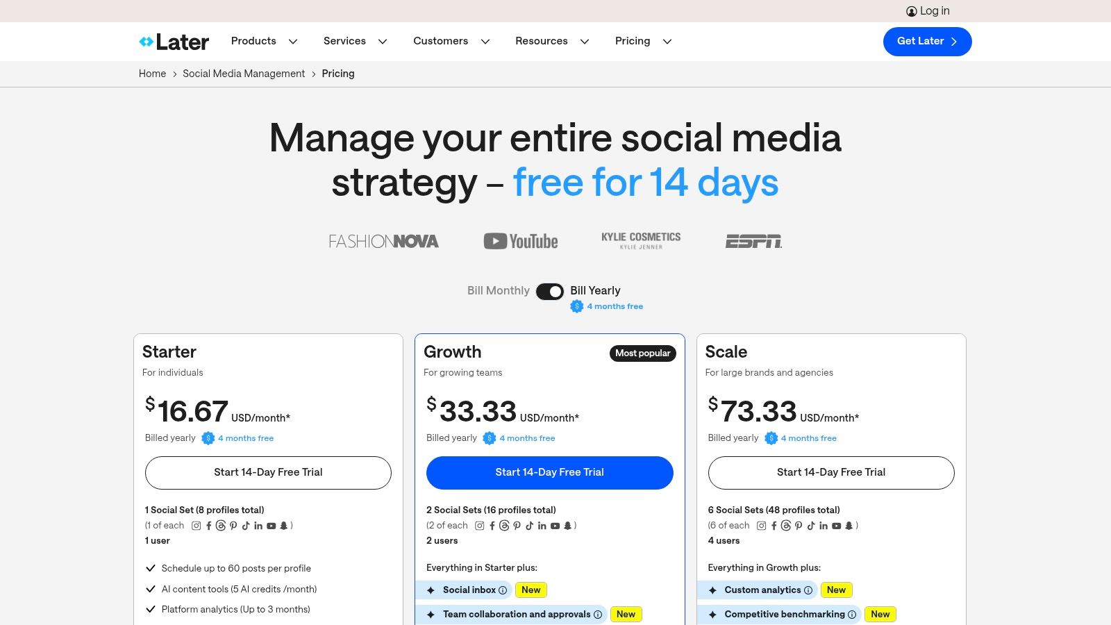 Later pricing comparison for social media management—Starter at $16.67/month, Growth at $33.33/month, and Scale at $73.33/month. Plans include AI credits, analytics, scheduling, and social sets for up to 6 platforms and 4 users.