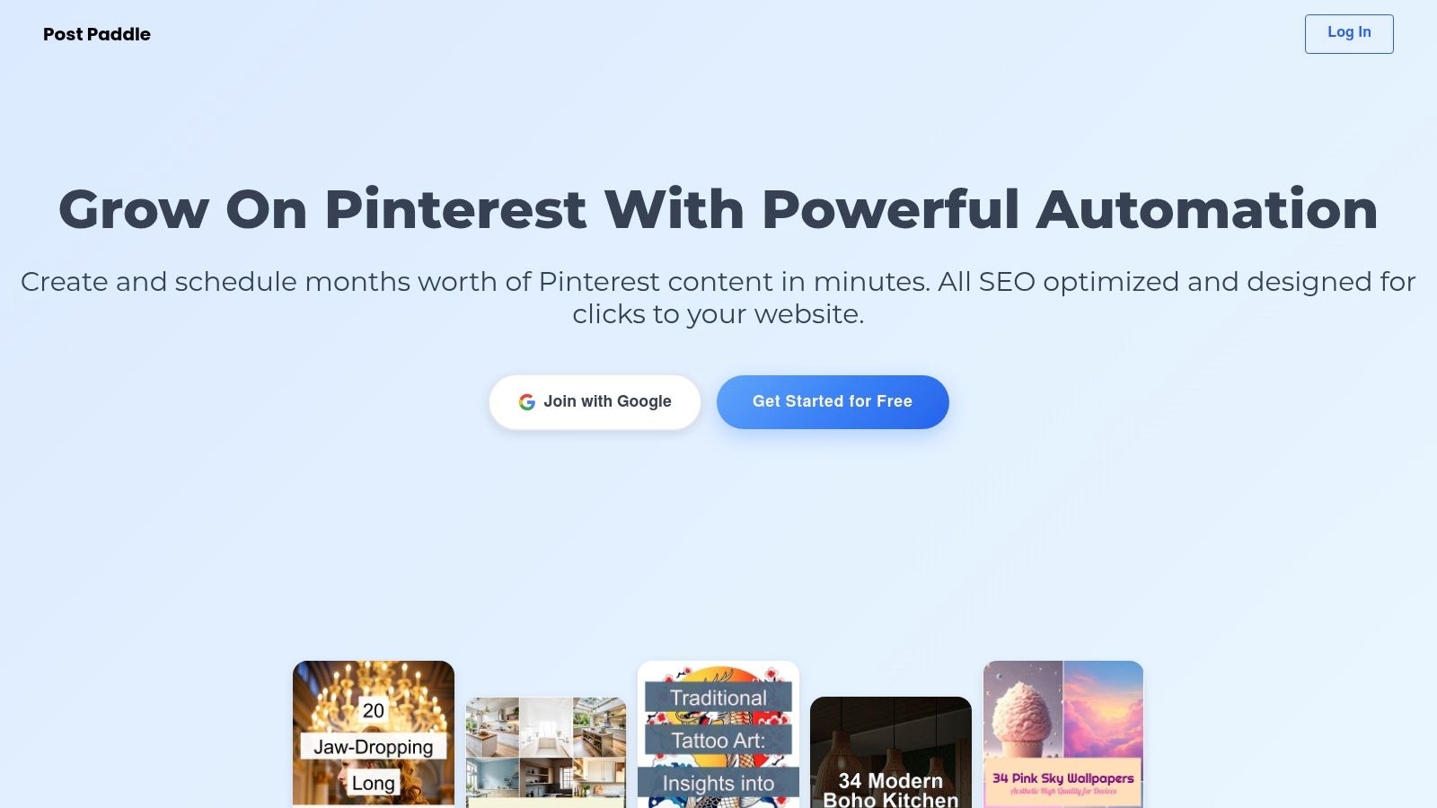 Post Paddle homepage showcasing Pinterest automation features with AI-generated, SEO-optimized pins designed for bloggers, e-commerce, and content creators.