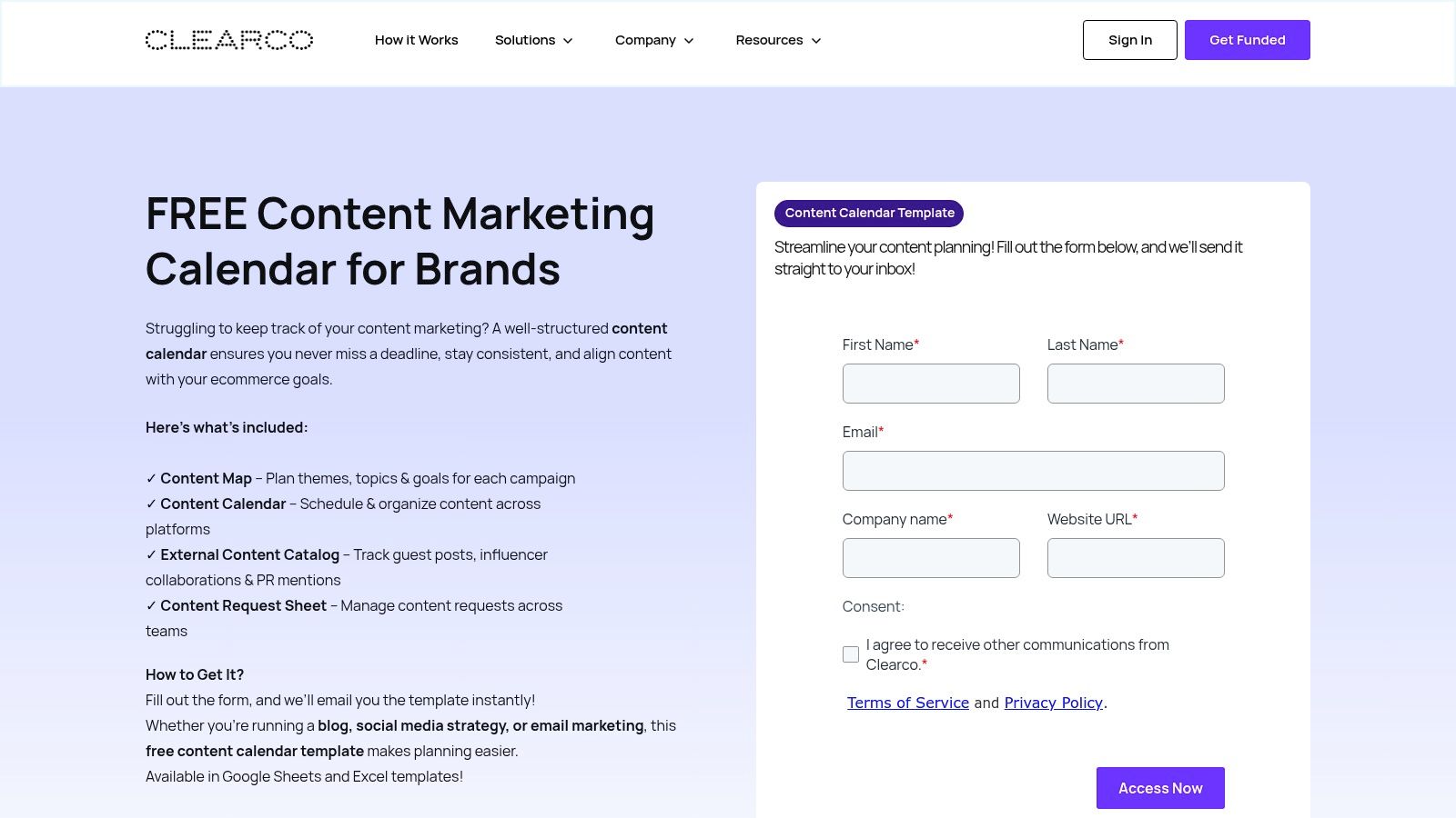 Clear.co landing page offering a free downloadable content marketing calendar template for brands, with planning tools for blogs and social media.