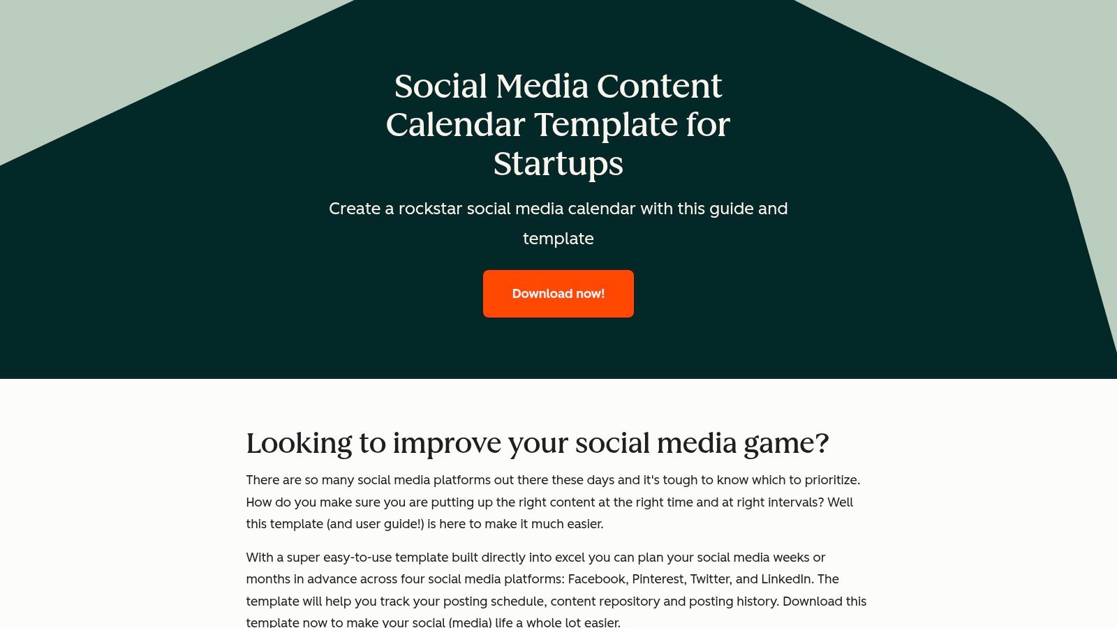 HubSpot landing page offering a free social media content calendar template for startups to plan and schedule posts across platforms.
