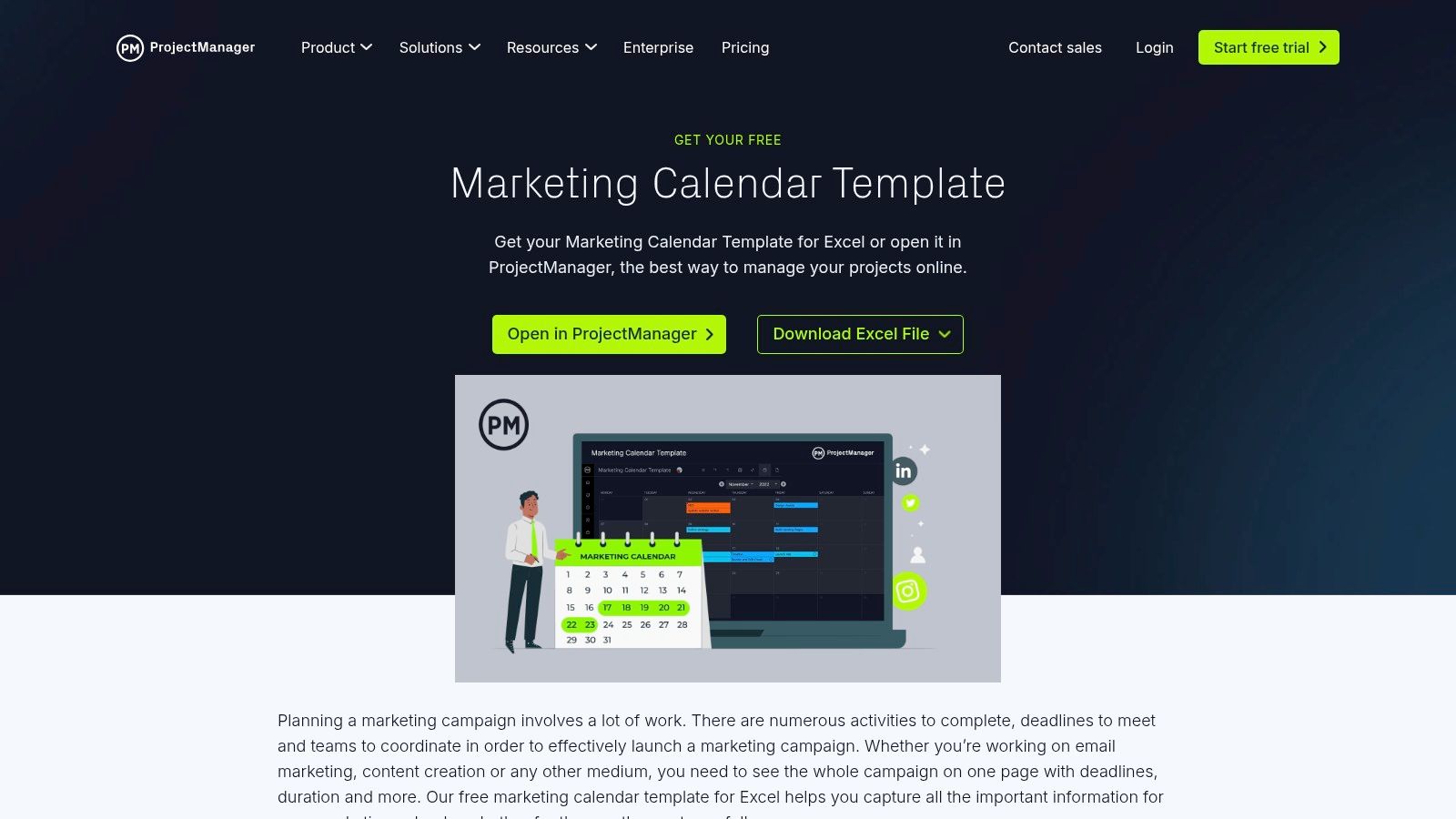 ProjectManager free marketing calendar template download page with Excel option and campaign planning visuals for team collaboration.
