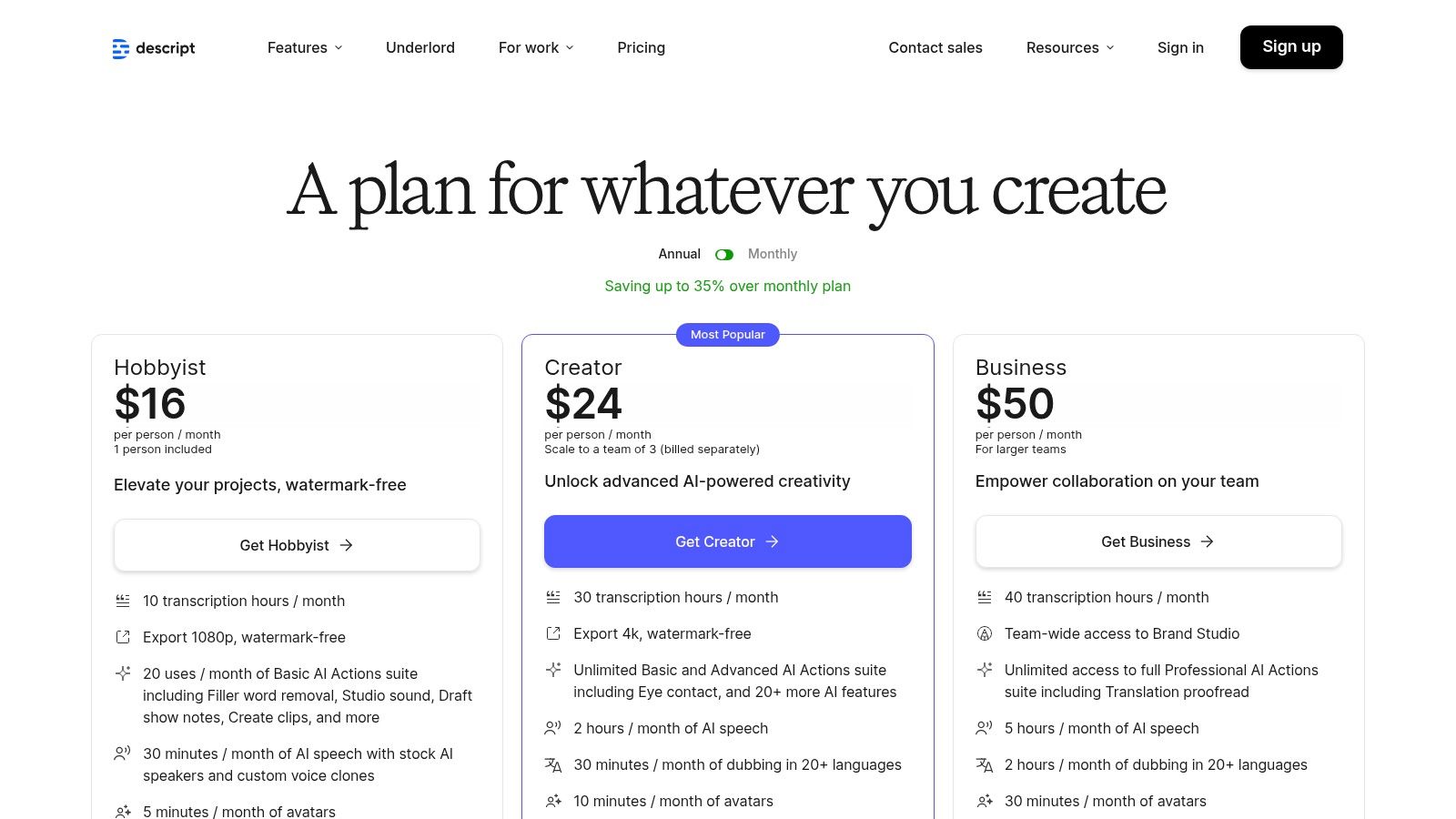 Descript pricing plans for Hobbyist, Creator, and Business tiers featuring AI transcription, editing, and voice tools for content creators.