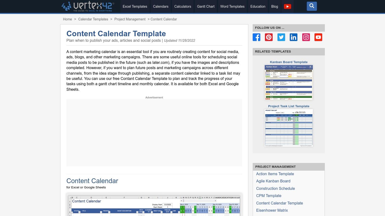 Vertex42 webpage offering a free downloadable content calendar template for Excel and Google Sheets to plan marketing campaigns.