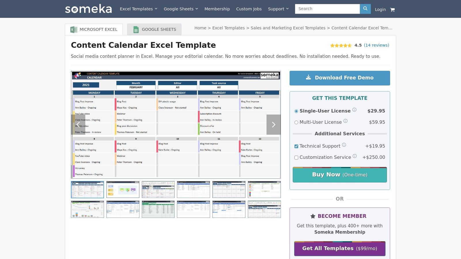 Someka’s paid Excel content calendar template with customizable task views and editorial scheduling for social media and blog planning.