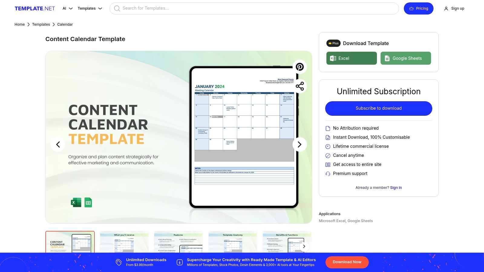Template.net content calendar template preview for Excel and Google Sheets with monthly layout for strategic content planning.
