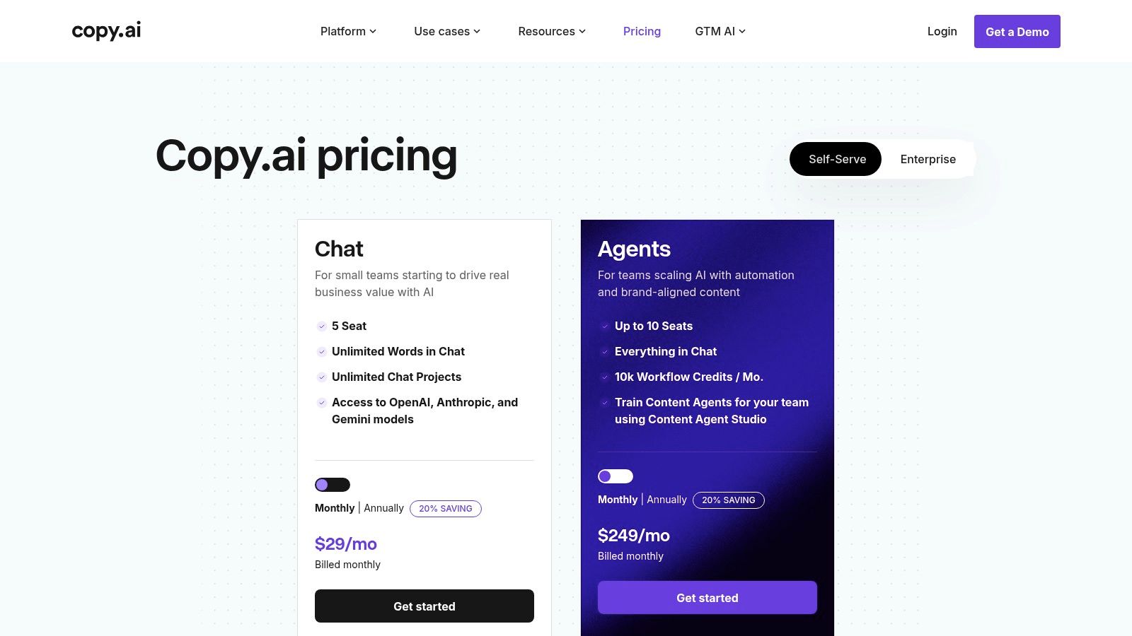 Copy.ai pricing plans for Chat and Agents tiers, highlighting AI-powered tools for small teams and scalable content automation.