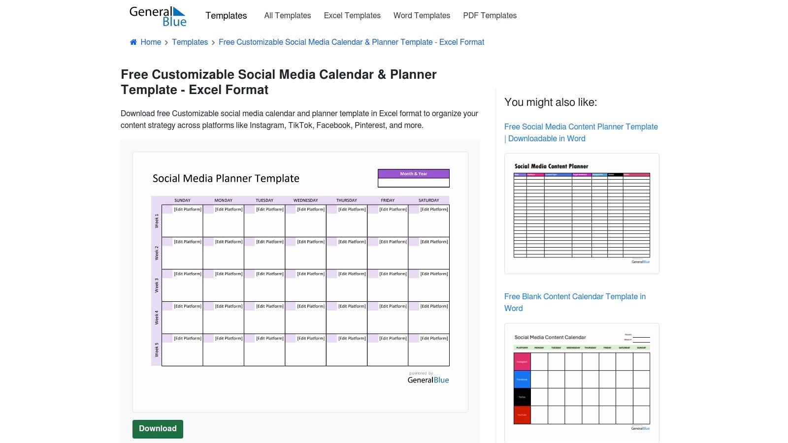 General Blue free downloadable Excel template for customizable social media content planning across platforms like Instagram and TikTok.