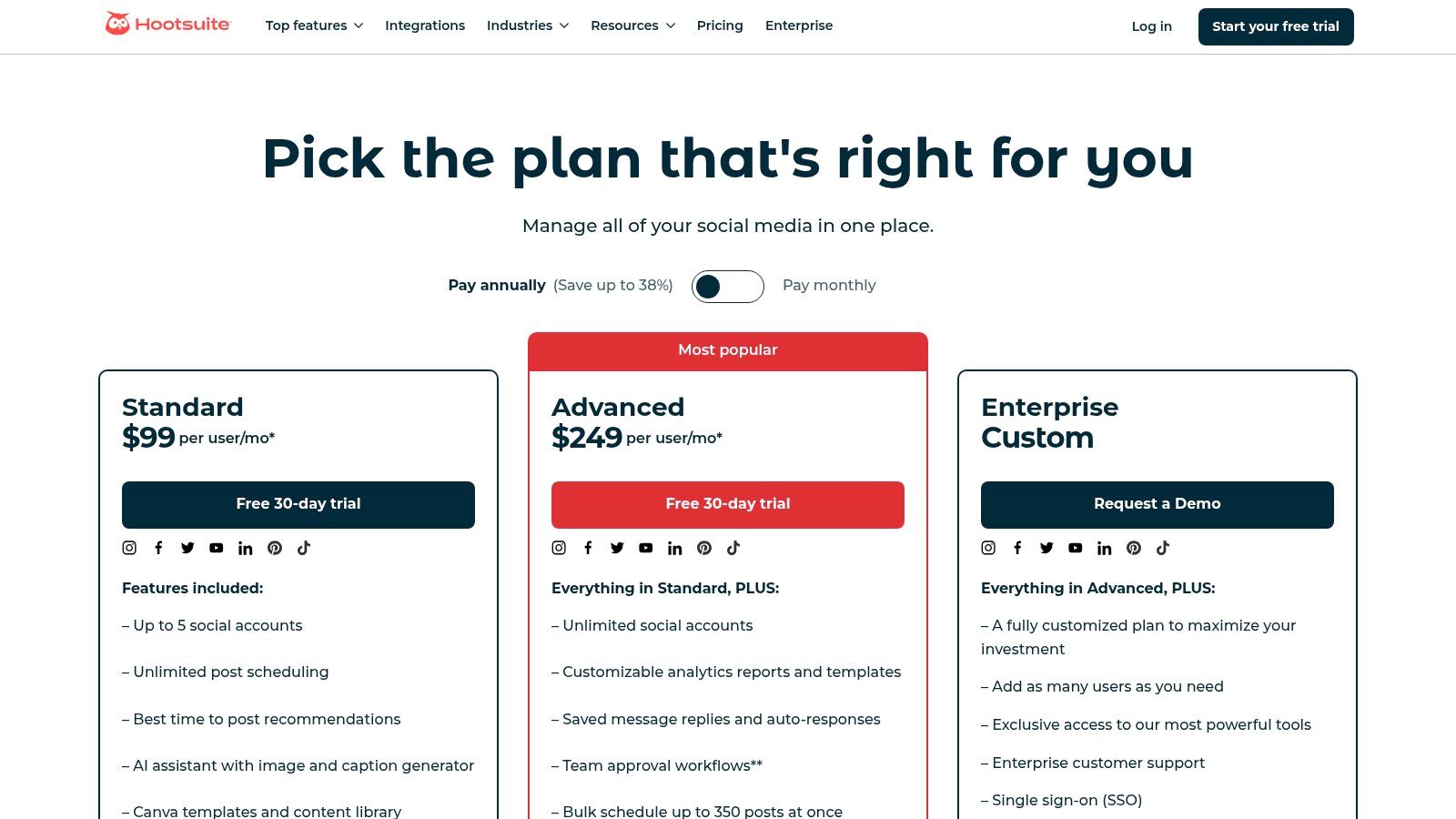 Hootsuite pricing plans comparison—Standard at $99/month, Advanced at $249/month, and customizable Enterprise plan, all offering AI tools, post scheduling, and analytics for social media management.