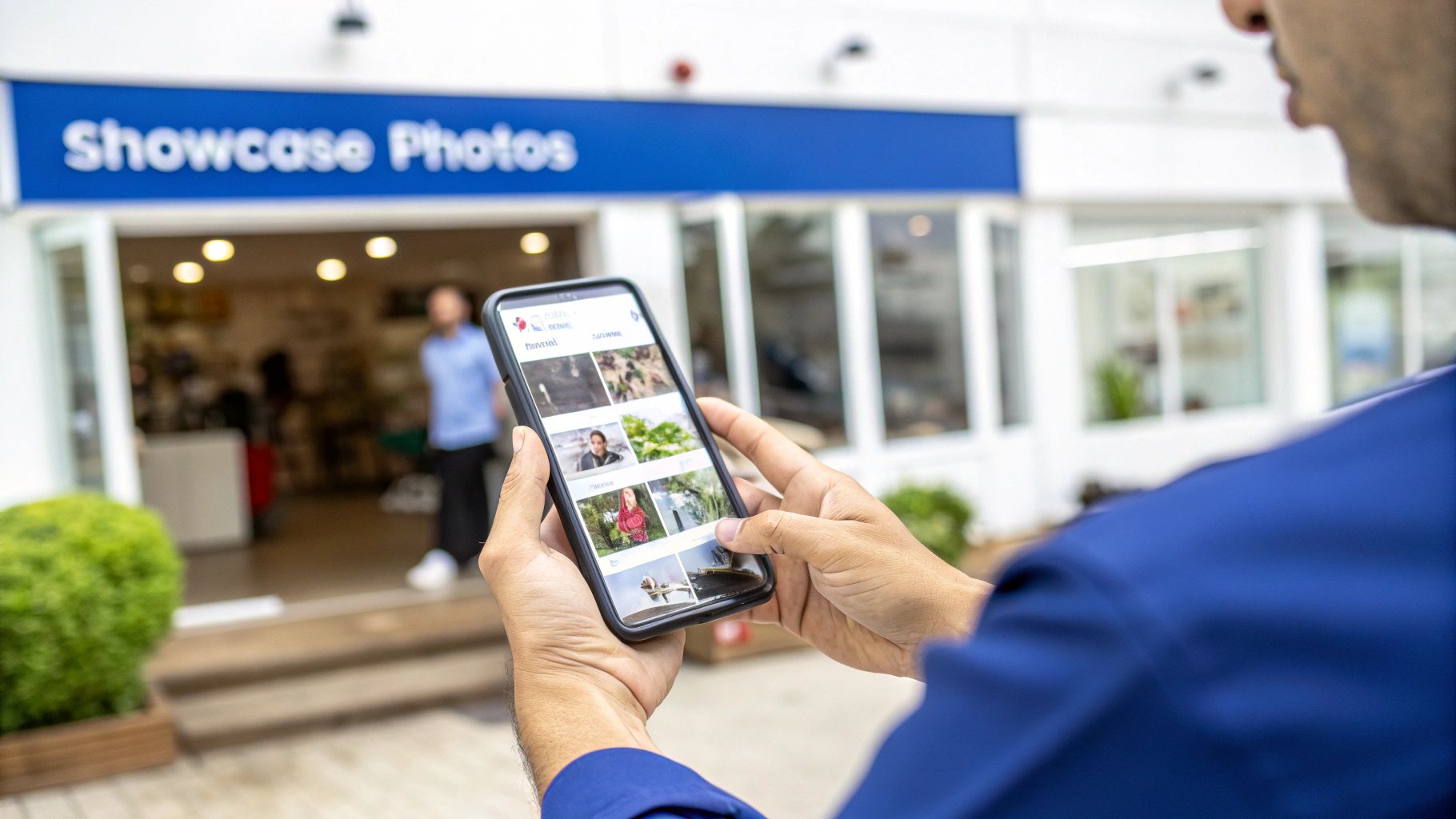 A person holds a smartphone displaying various photos, standing outside 'Showcase Photos' store.