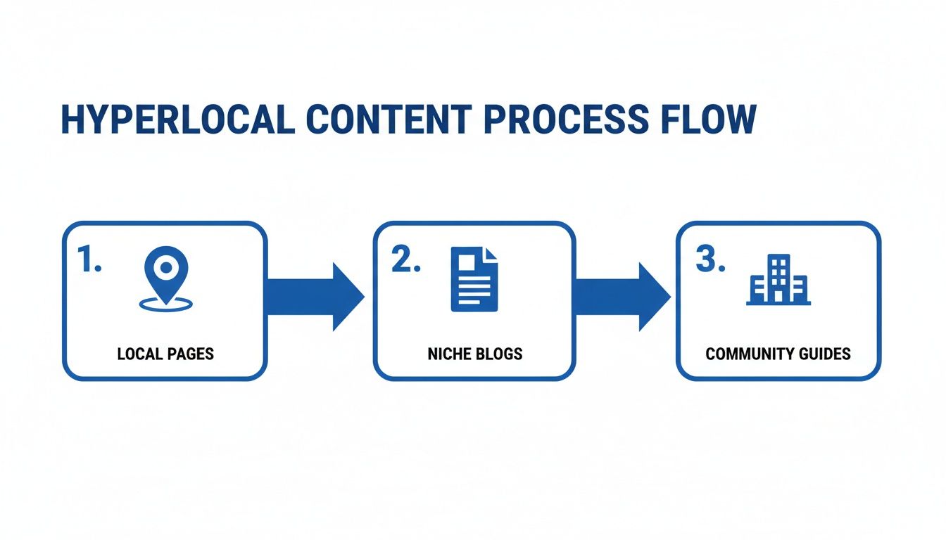 A flowchart illustrating the hyperlocal content process, from local pages to niche blogs and community guides.