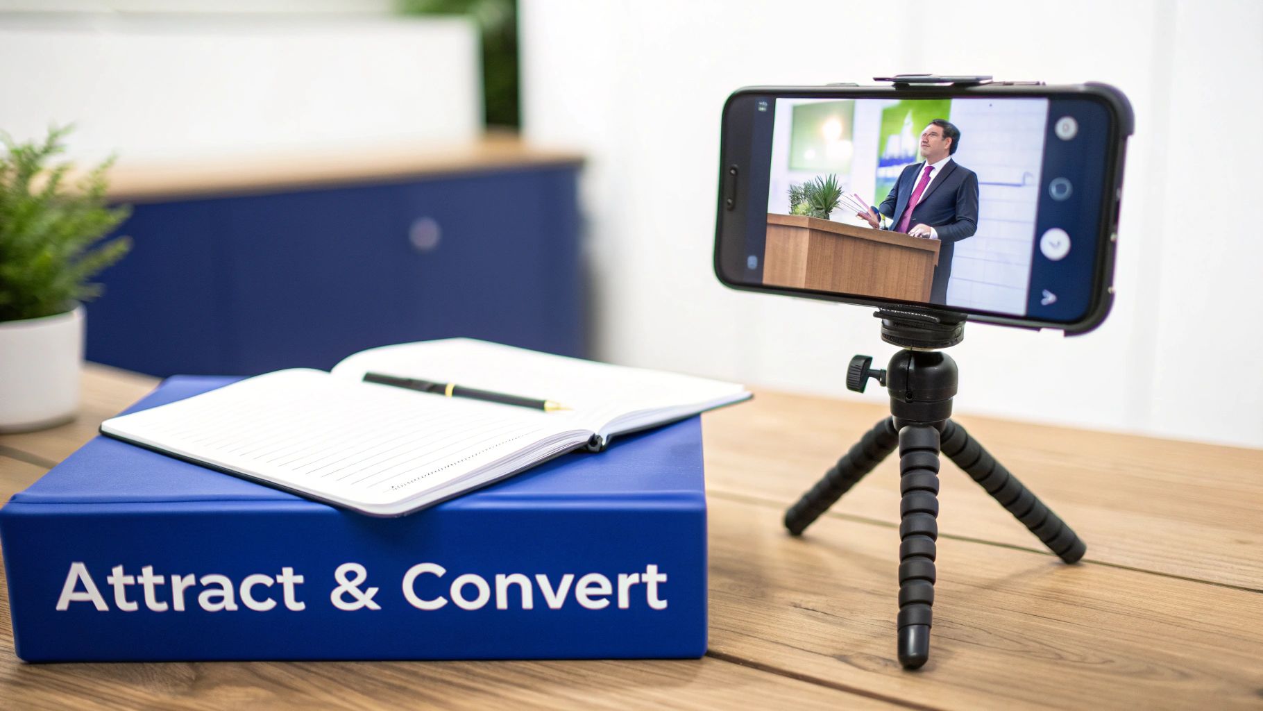 Smartphone on tripod recording a lawyer speaking at a podium, with a notebook and 'Attract & Convert' binder.