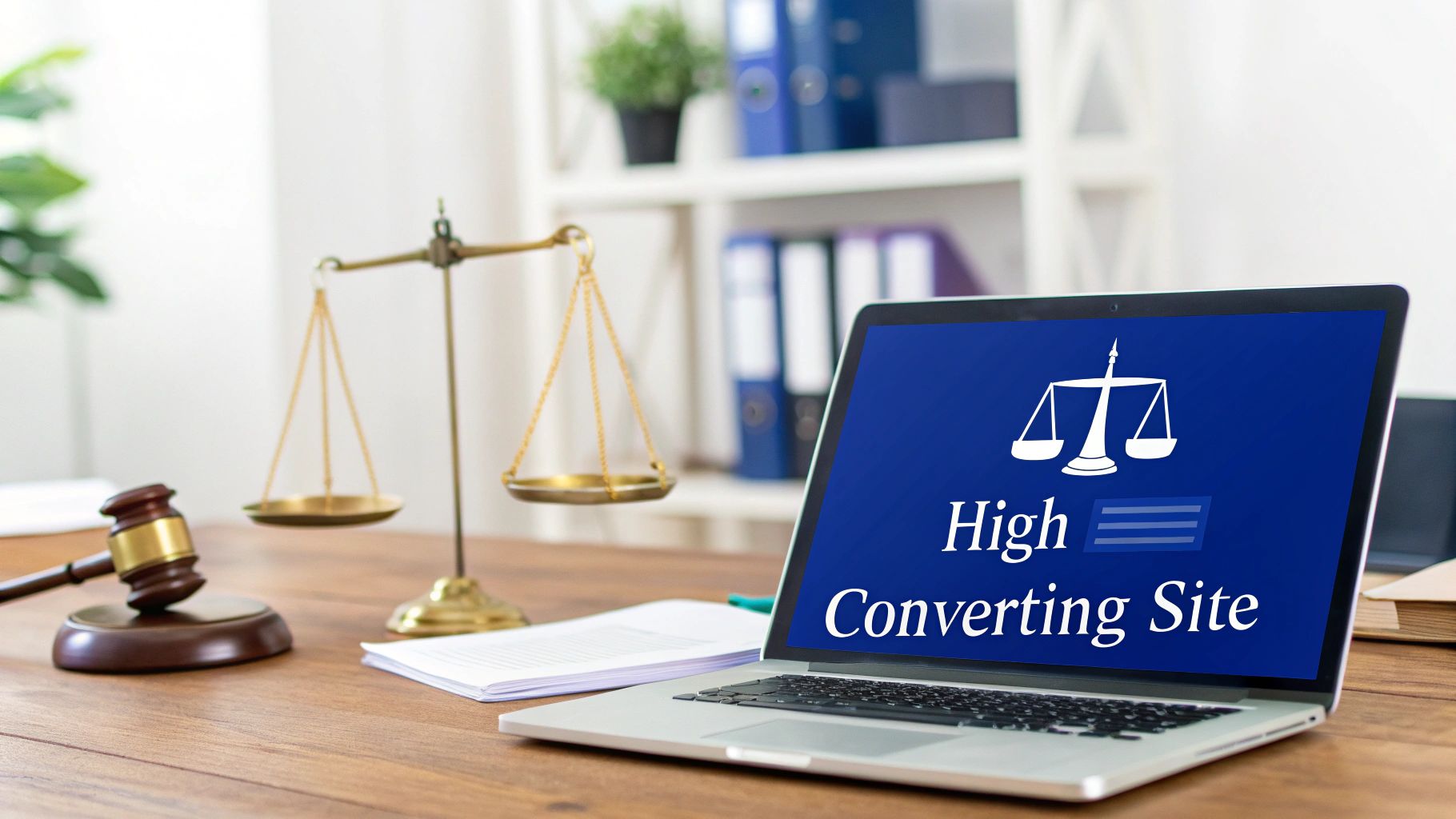 Laptop displaying 'High Converting Site' with scales of justice and gavel on a law office desk.