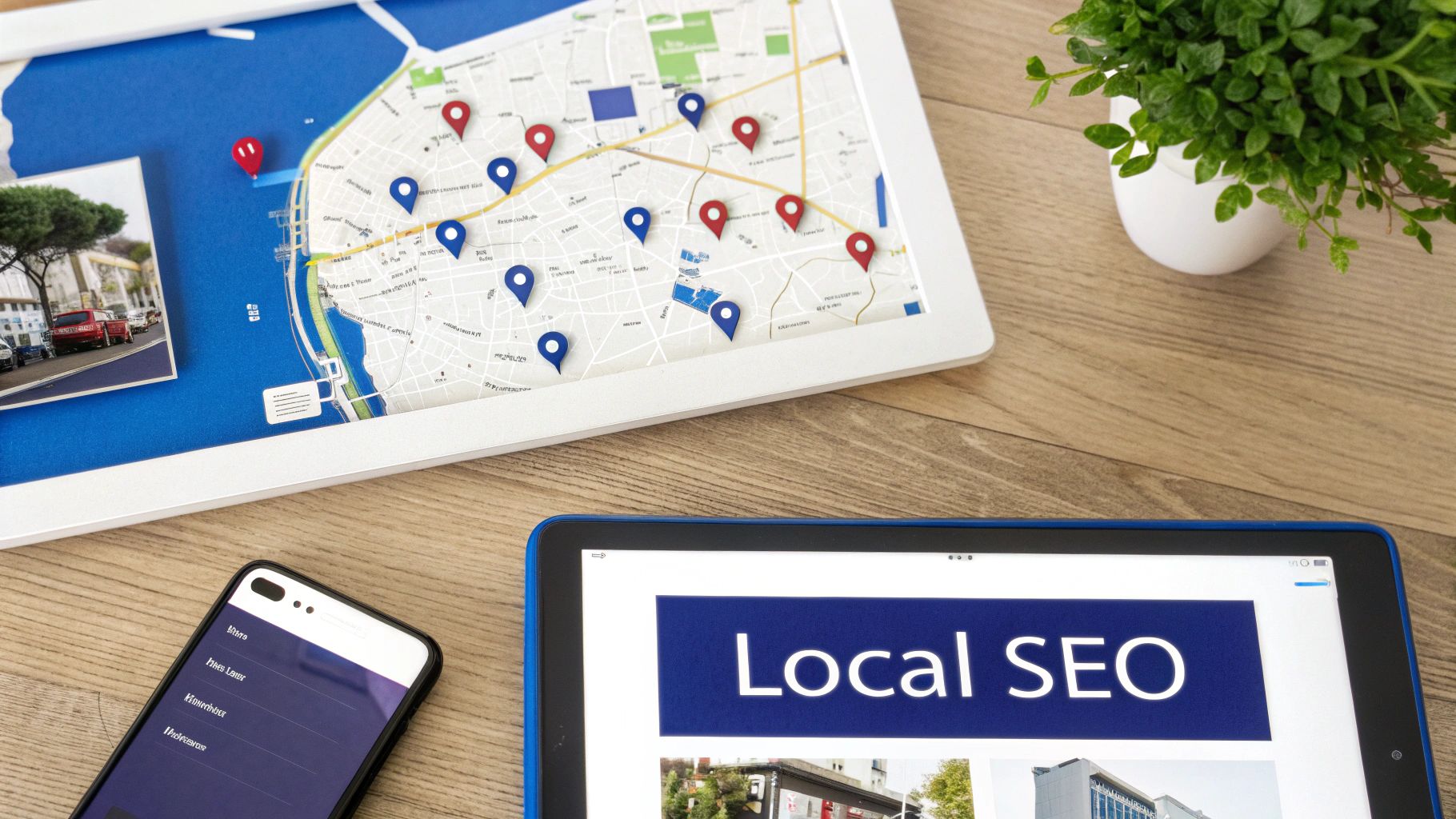A flat lay shows a map with pins, a smartphone, and a tablet displaying 'Local SEO' on a wooden desk.