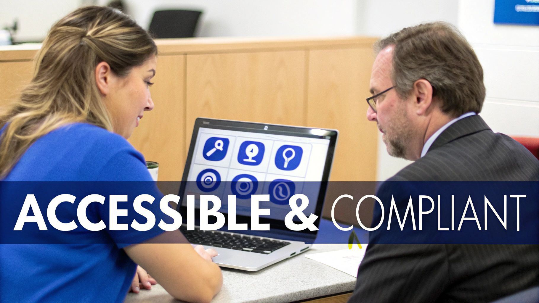 A balanced scale of justice next to a computer mouse, symbolizing legal and digital compliance.