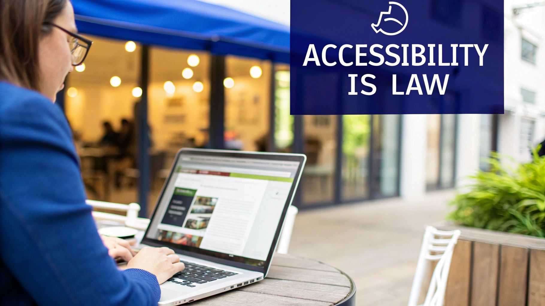 A person works on a laptop outdoors, with a sign in the background stating 'Accessibility Is Law' and an accessibility icon.