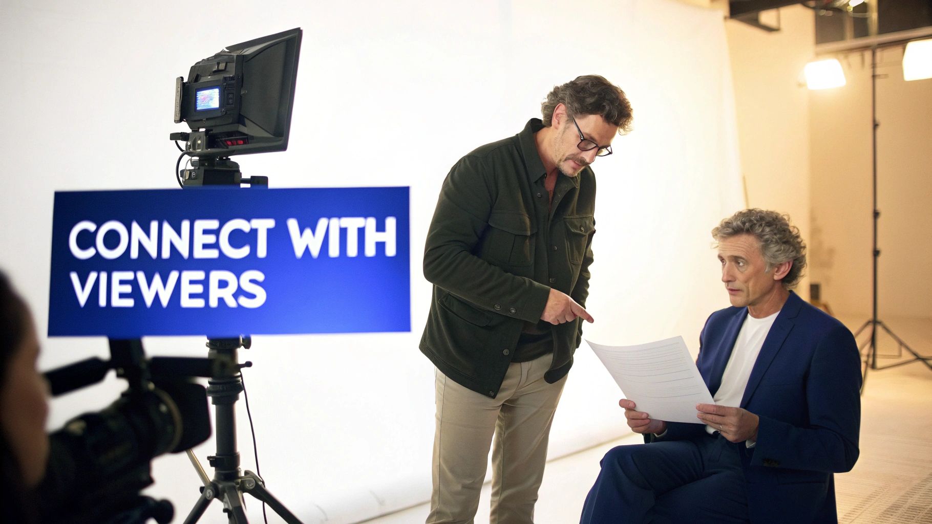 Two men discuss a script in a studio setting with a teleprompter displaying 'Connect With Viewers'.