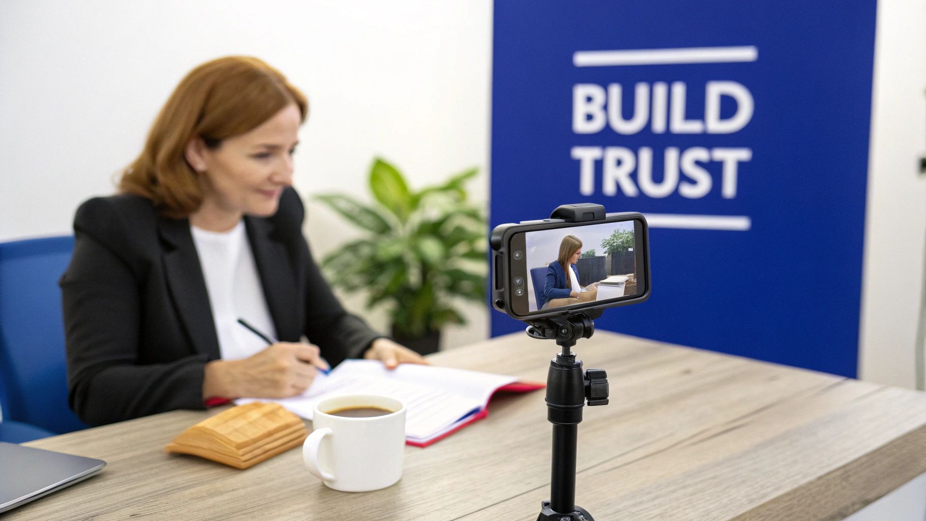 A businesswoman records a video on her phone, taking notes at a desk with a "Build Trust" banner.