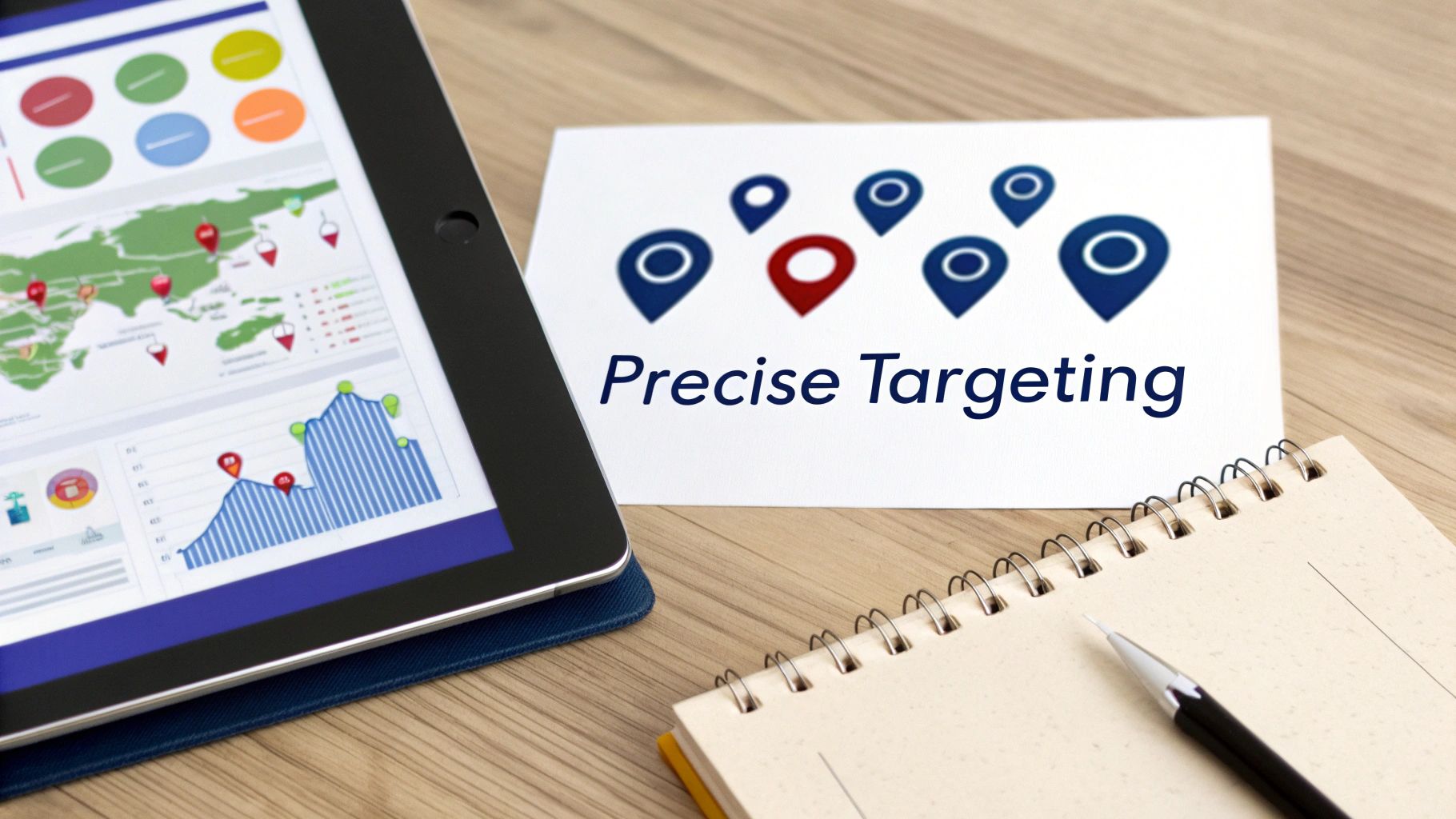 Tablet displaying data analytics with world map, alongside a card saying 'Precise Targeting' and location pins.