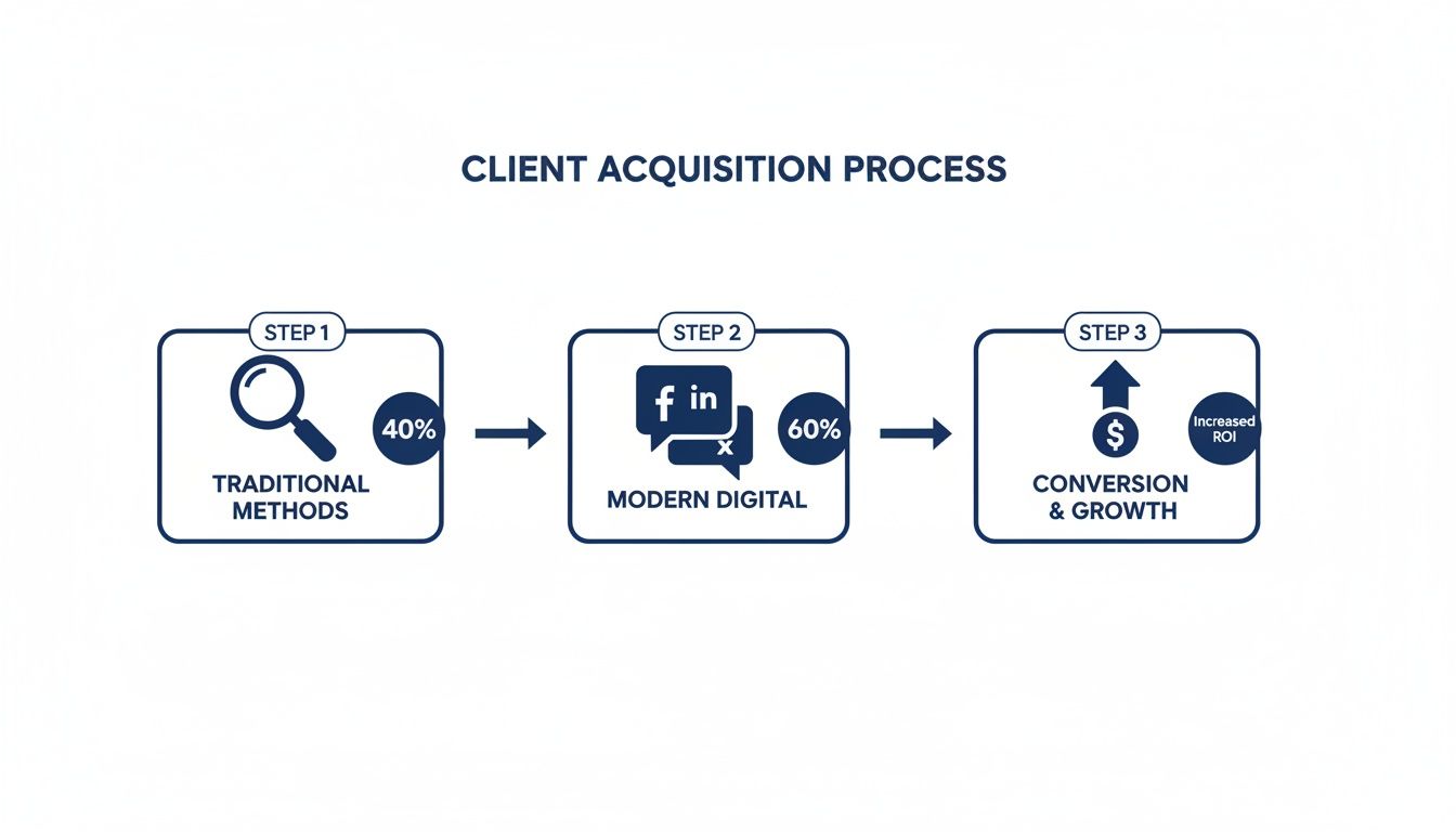 Client acquisition process showing three steps: traditional methods, modern digital, and conversion with increased ROI.