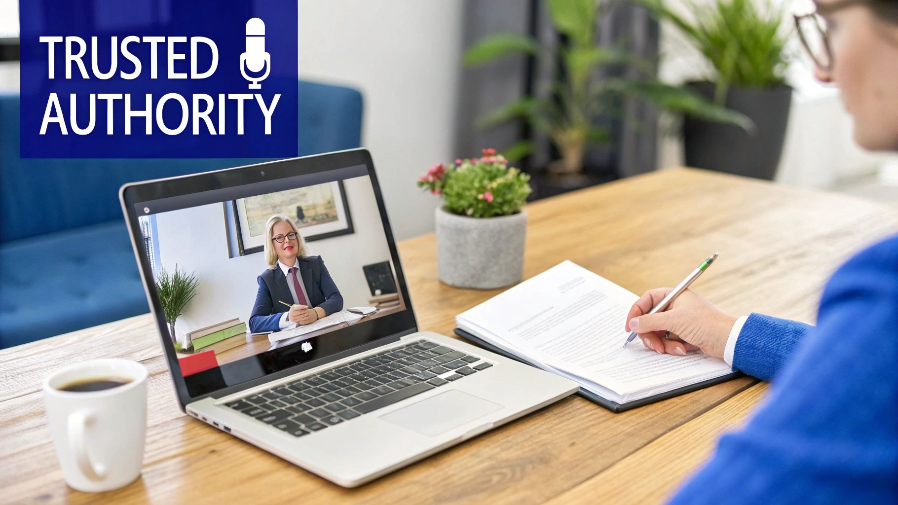 Person writing notes during a professional video consultation with a lawyer on a laptop screen.