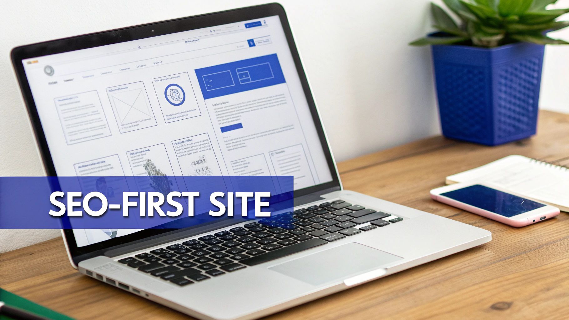A laptop on a wooden desk displaying a website wireframe with 'SEO-FIRST SITE' overlay, alongside a phone and plant.