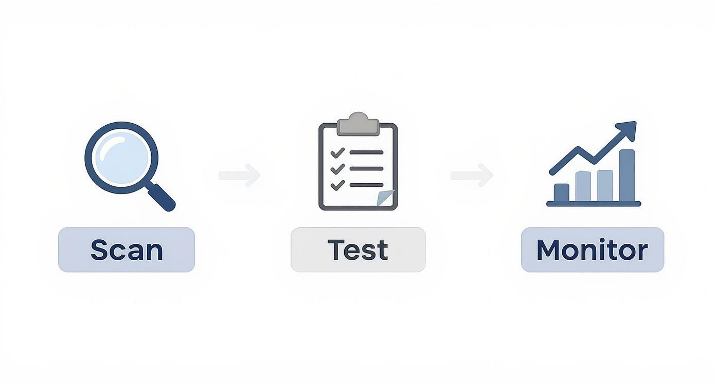 Icons depicting a three-step process: Scan (magnifying glass), Test (checklist), and Monitor (growth chart).