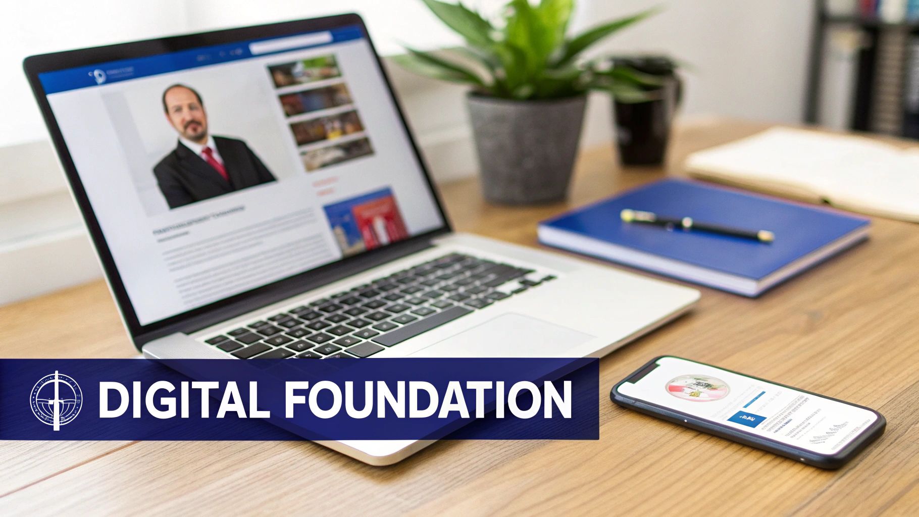 Lead Generation Attorneys: A Modern Guide for Law Firms 1 Digital foundation legal services displayed on laptop and smartphone on modern office desk workspace