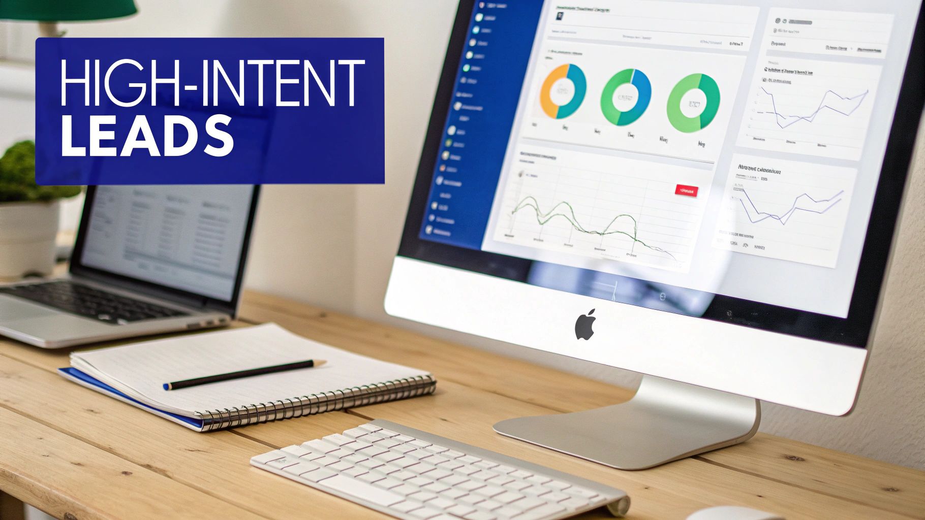 Desk setup with an iMac displaying marketing analytics and a blue banner reading 'HIGH-INTENT LEADS', alongside a laptop and notebook.