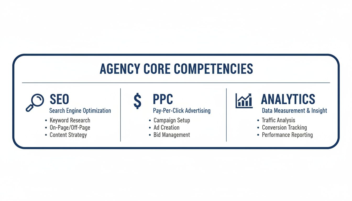 Infographic showing agency core competencies: SEO, PPC, and Analytics, listing key services for each.