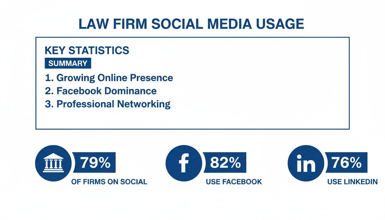 Infographic showing law firm social media usage key statistics, highlighting Facebook, LinkedIn, and overall online presence.