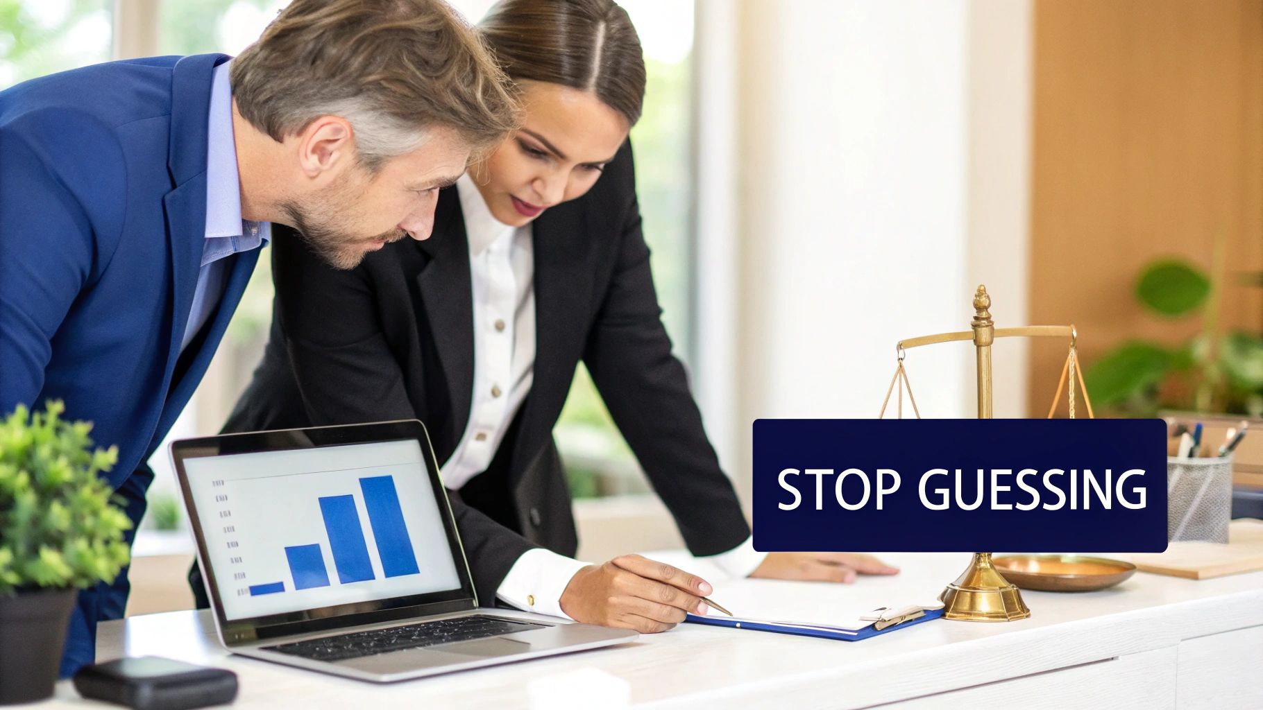 Lawyer reviewing marketing data on a laptop, showing graphs and charts.