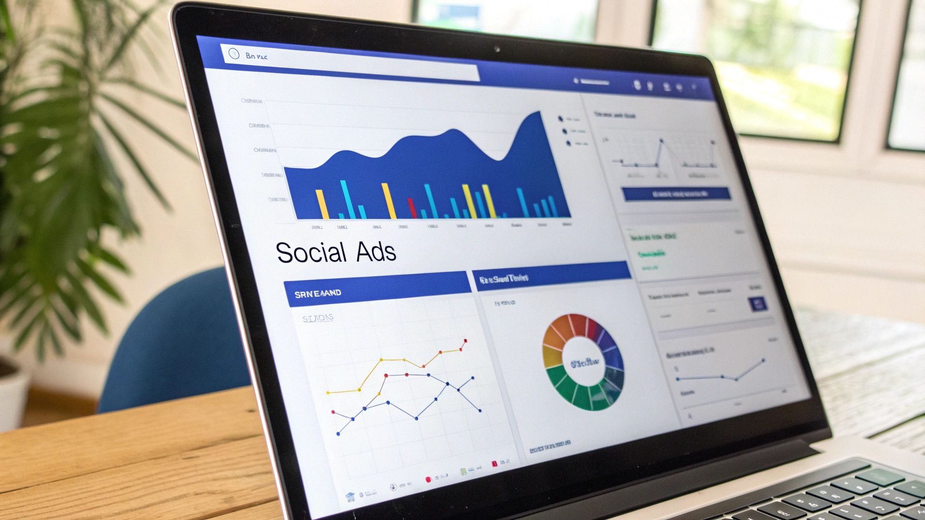 A legal professional analyzing a paid social media ad campaign on a laptop.